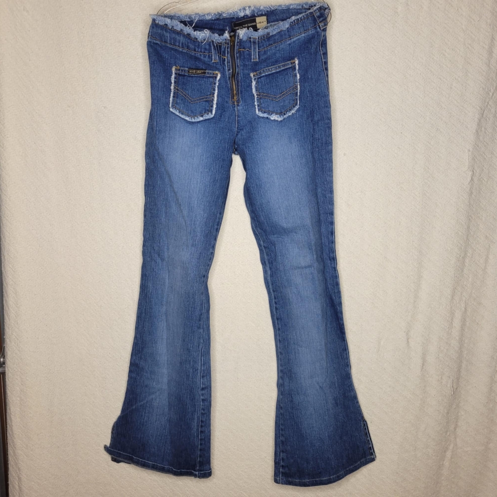 Hot And The Gang Blue Flare Wide Leg Jeans with Contrast Stitching
